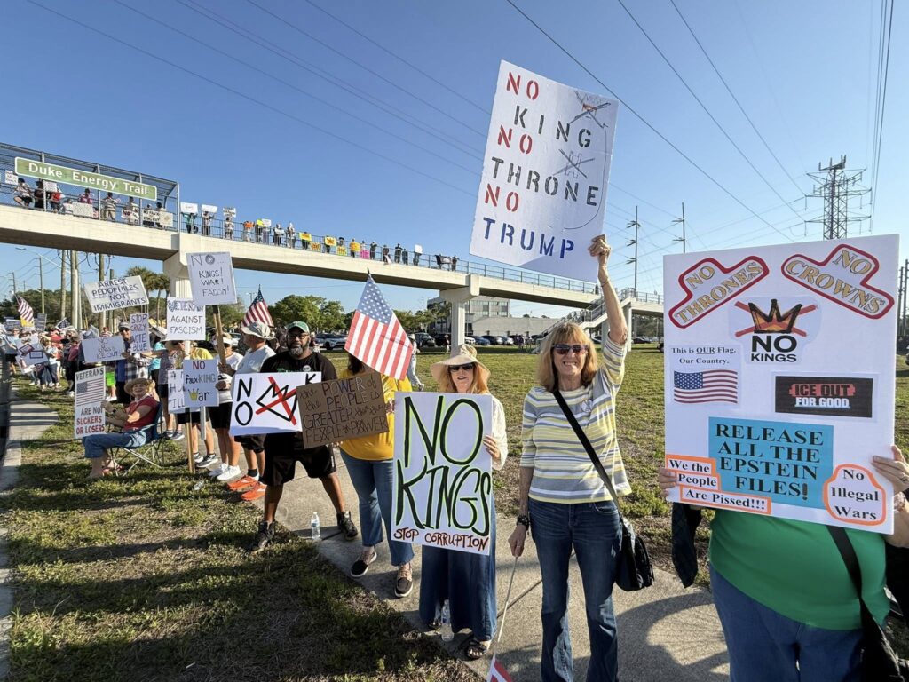 Signs read No King, No Throne, No Trump. Release all teh Epstein files. And others, north clearwater FL