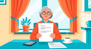 Illustration of an older woman reviewing a bill at her kitchen table with a calculator