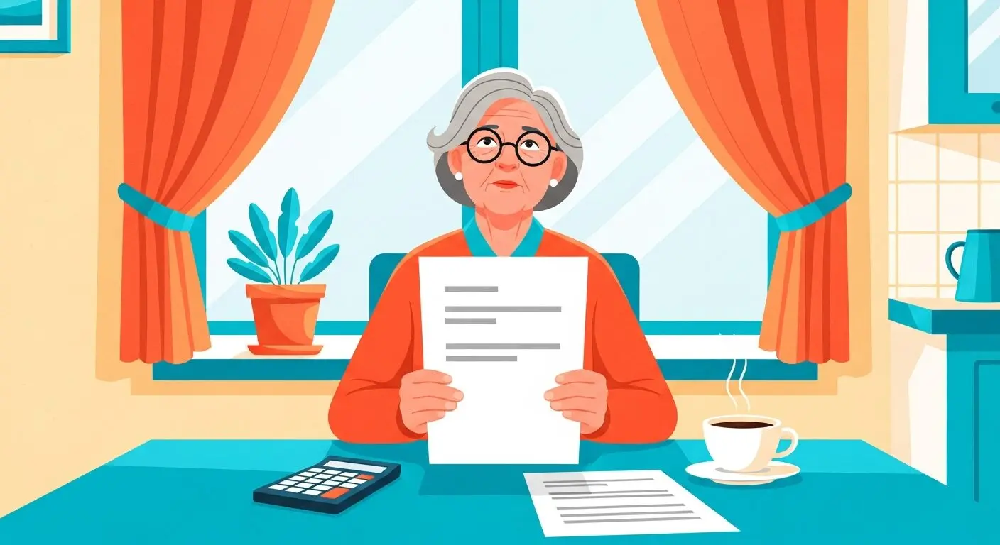 Illustration of an older woman reviewing a bill at her kitchen table with a calculator