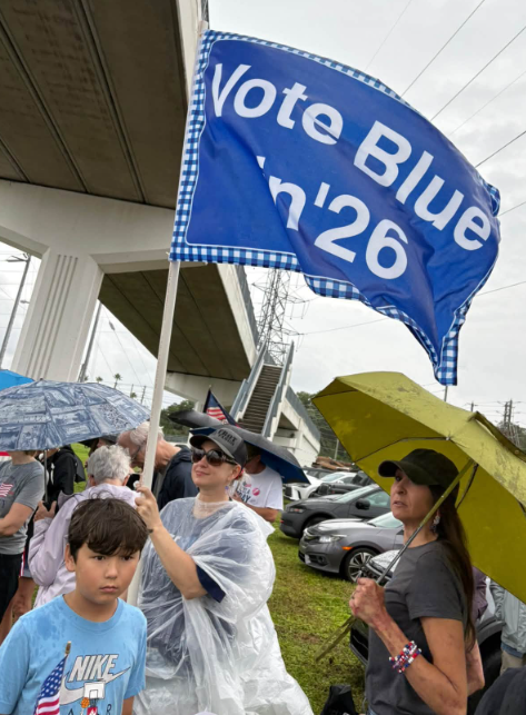 Person holding blue waving flag Vote Blue in '26